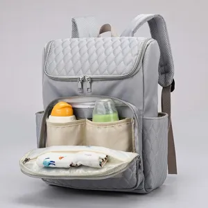 Gran mochila cambiador acolchada gris, elegante bolsa de pañales con múltiples bolsillos.