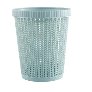 Plastic trash can with woven pattern design, light blue waste basket for home room use.