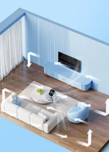Ventilateur de bureau compact dans un salon moderne, idéal pour le bureau et les études.