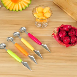 Stainless steel dual-head fruit melon baller and carving knife set with colorful plastic handles.