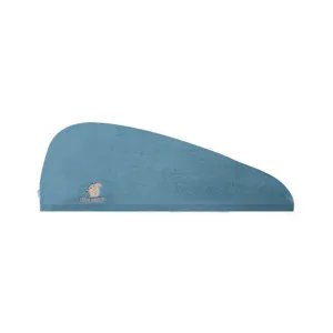 Zachte koraalvleece haarhanddoek in blauw met een schattige eekhoorn borduursel voor snel drogen.