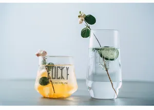 Nordic style heat-resistant glass cup, clear water drinkware with lovely letter print.