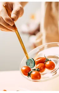 Detailed view of Japanese heat-resistant glass stirring rod, long handle spoon for coffee and dessert.