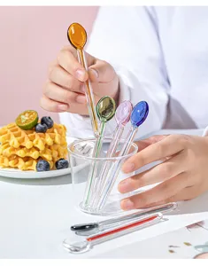 Colorful glass stirring spoon for coffee, milk and dessert, heat-resistant long handle.