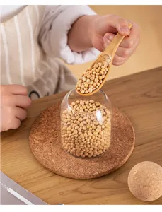 Detailed view of clear glass storage jar with wooden spoon and soybeans on cork mat.