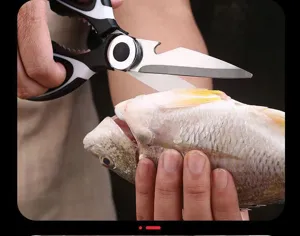 Detailansicht der multifunktionalen Edelstahl-Küchenschere beim Schneiden von Fisch in der Küche.