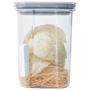 Barattolo di conservazione quadrato trasparente con coperchio per alimenti, vista principale.