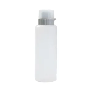 Plastic squeeze condiment bottle with scale marks and leak-proof cap for kitchen use.