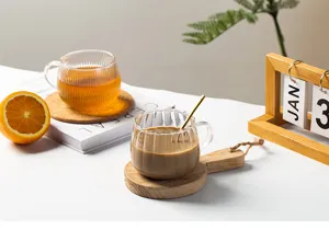 Heat-resistant glass coffee milk cup, Japanese ribbed pumpkin design cup for home desktop detail.