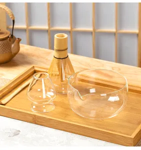 Glass matcha bowl chasen set for traditional tea whisking setup detail view tabletop display