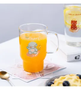 Bonita taza de vidrio transparente con asa para zumo y leche, diseño de cachorro, taza desayuno.