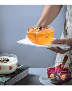 Joli bol en verre transparent avec motif de fruits pour dessert, salade et céréales, résistant.