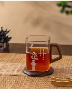 Detailed view of heat-resistant glass tea cup with wooden handle and coaster for office.