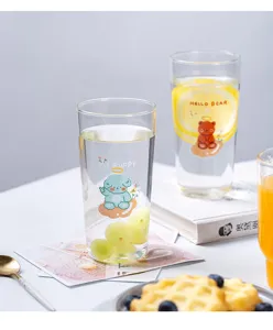 Vaso de cristal transparente con tierno estampado de osito, taza resistente para diario.