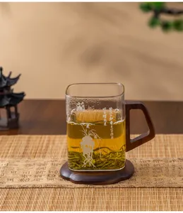 Detailed view of heat-resistant glass tea cup with wooden handle and coaster in Chinese style scene
