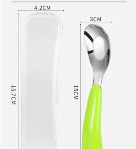 Stainless steel baby spoon with portable case, 316 material, green anti-scald handle for kids.
