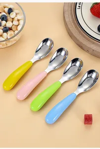 316 stainless steel children spoon set with colorful anti-scald handles for baby food.