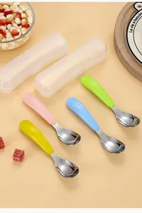 Stainless steel children spoon detail view with colorful handle and clear storage box.