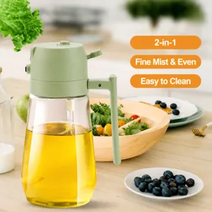 Two-in-one oil sprayer bottle for kitchen cooking, transparent glass oil dispenser pot container.