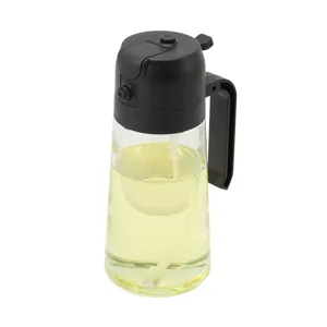 Kitchen 2-in-1 oil sprayer and dispenser bottle, clear glass container with black pump.