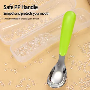 Stainless steel baby spoon with safe PP handle, durable feeding spoon for kids and toddlers.