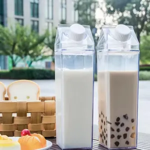 Transparant Plastic Melkkarton Waterfles Vierkant Doorzichtige Melkbeker Creatief Draagbaar Sapfles Met Draaibare Verzeggde Deksel Voor Thuis Kantoor