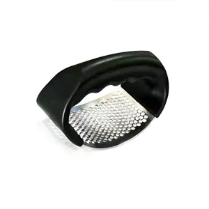 Stainless steel manual garlic press with black plastic handle, curved kitchen garlic masher tool.