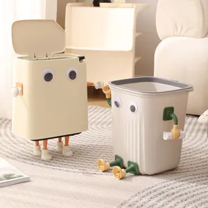 Creative cute cartoon trash can with funny googly eyes and little feet for home decor