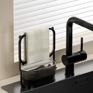 Kitchen sink caddy drain rack with towel holder and storage basket, sleek black finish.