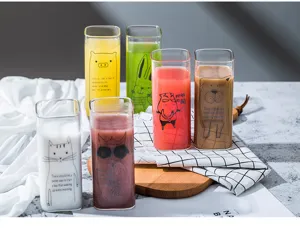 Creative square glass cup with cute cartoon animal prints, heat-resistant breakfast milk cup.
