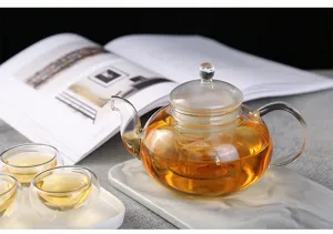 Set de théière en verre transparent résistant à la chaleur avec filtre et tasses doubles