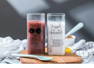 Cute glass cup creative household milk cup printed animal pattern square cup for breakfast