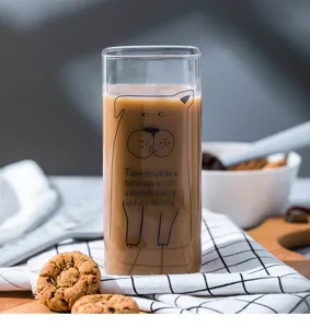 Cute square glass cup with cute dog print and funny quote, perfect for morning milk or coffee.