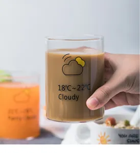 Close-up detail of the creative glass milk cup with weather print, showing clear texture.