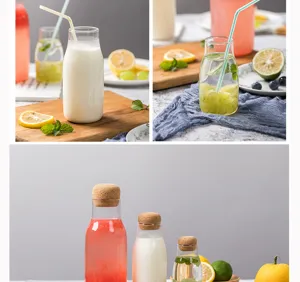 Clear glass cold water bottle with cork stopper, perfect for juice, milk, and beverages at home.