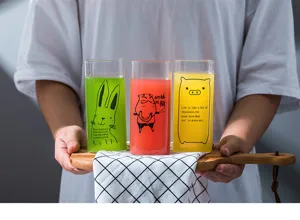 Creative square glass cup with cute animal print, perfect for morning milk, juice or drink.