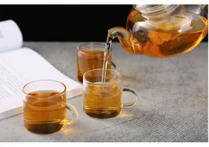 Ensemble de théière en verre résistant à la chaleur borosilicate, vue détaillée claire.