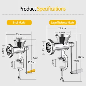 Tabella delle dimensioni del tritacarne manuale in acciaio inox modello piccolo e grande.