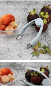 Stainless steel strawberry huller and fruit stem remover tool for kitchen use detail display.