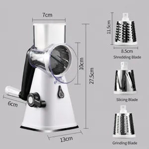 Manual rotary cheese grater and vegetable slicer with three interchangeable stainless steel blades.
