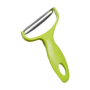 Wide mouth cabbage peeler and vegetable shredder with stainless steel blade and ergonomic green handle