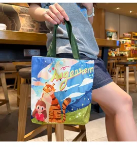 Cute cartoon hand-painted tote bag, stylish daily commuting lunch bag for women.