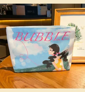 Cartoon canvas cosmetic bag portable zipper makeup storage pouch for daily travel use.