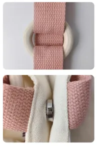 Canvas tote bag detail view, pink woven strap with wood ring and magnetic snap closure.