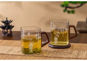 Chinese style glass tea cup with wooden handle and coaster, heat resistant office water mug.