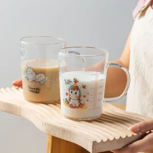 High Borosilicate Glass Cartoon Scale Milk Cup Heat Resistant Water Cup With Handle Cute Animal Pattern Transparent Glassware