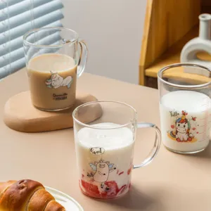 Cute cartoon scale glass milk cup, high borosilicate heat resistant water mug for home use.