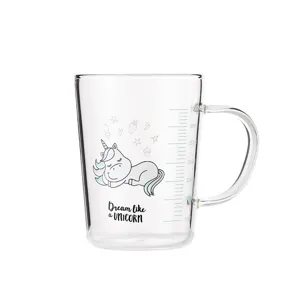 Clear glass milk cup with cute unicorn print and volume scale. Heat-resistant and microwave safe.