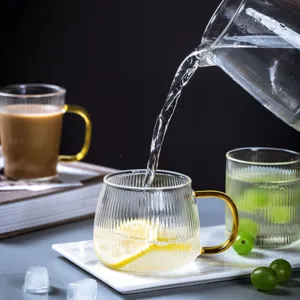 Japanse Stijl Borosilicaatglas Waterbeker Transparant Gestreept Koffie Sap Bier Mok Met Hittebestendige Handgreep
