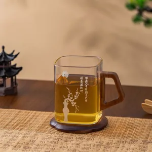 New Chinese Style Heat Resistant High Borosilicate Glass Tea Cup With Wooden Handle Square Water Drinking Mug